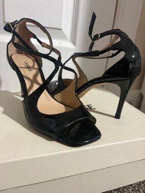 L'AGENCE Black Patent Strappy Stiletto Sandals